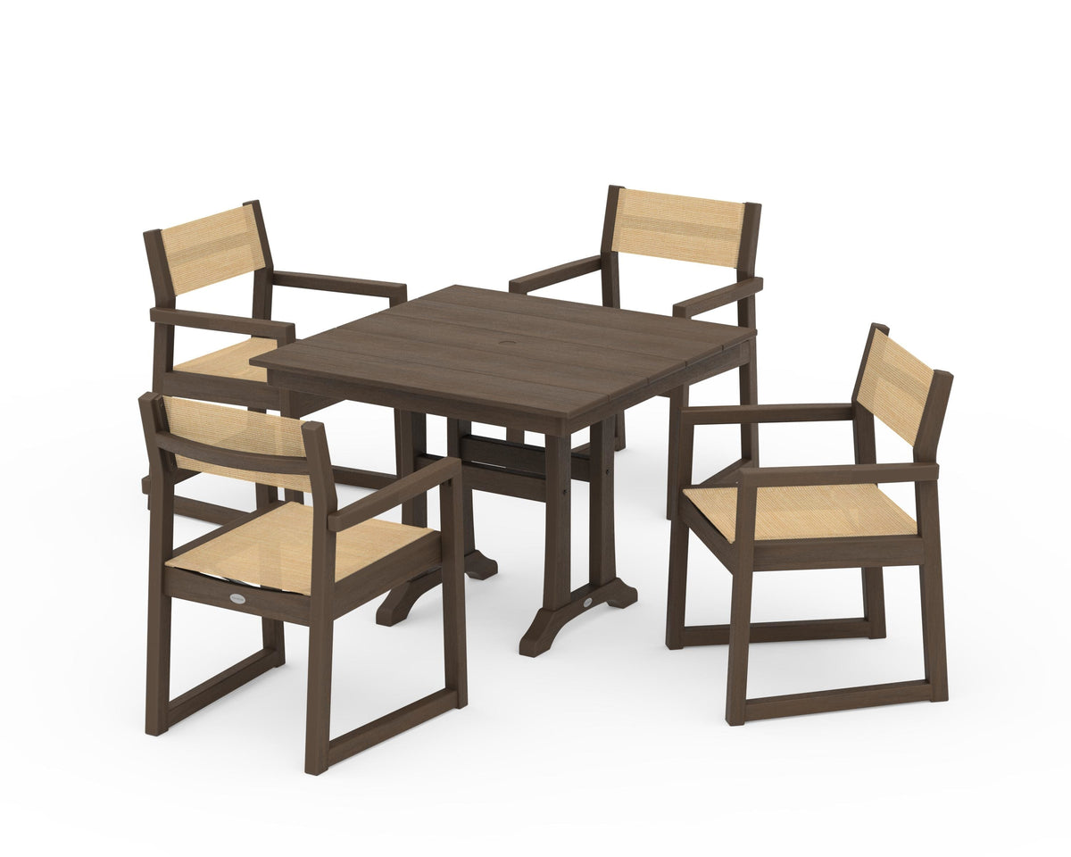 POLYWOOD EDGE Sling 5-Piece Farmhouse Dining Set with Trestle Legs in Kona / Dupioni Apricot