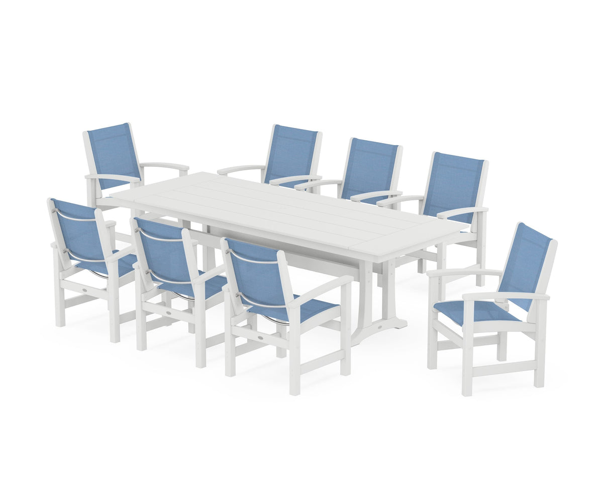 POLYWOOD Coastal 9-Piece Farmhouse Dining Set with Trestle Legs in White / Poolside