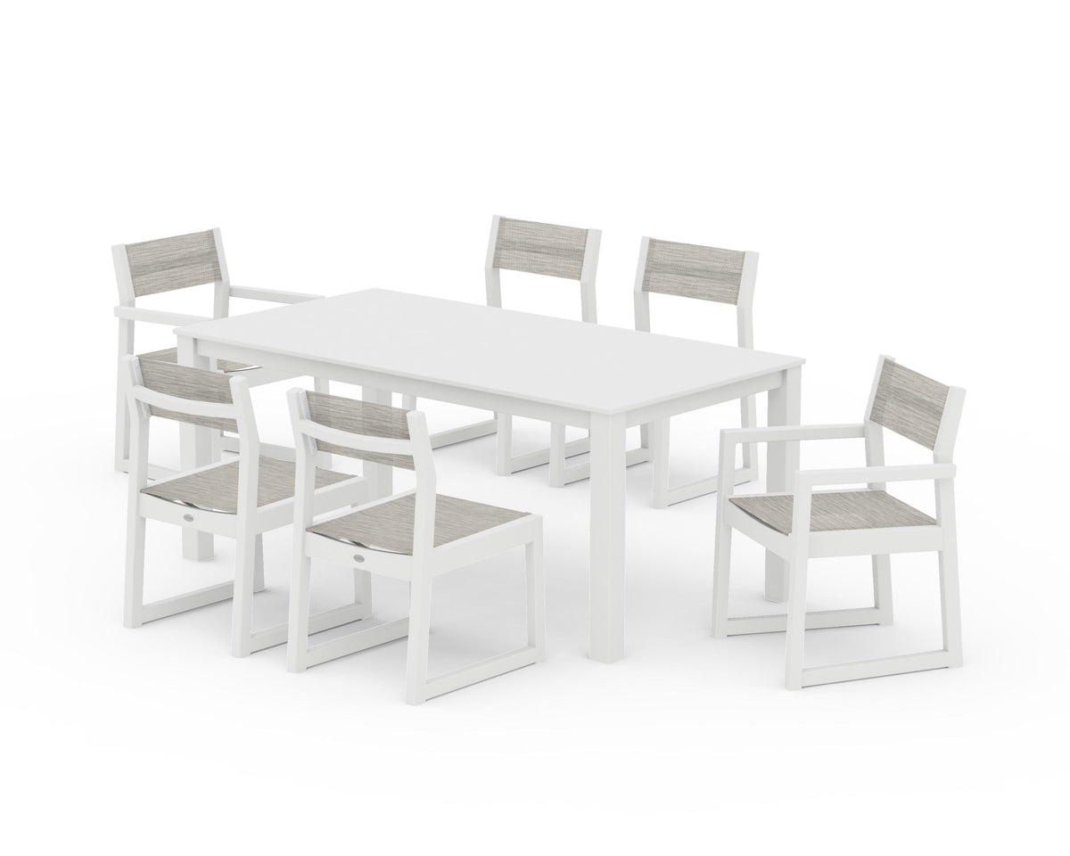 POLYWOOD EDGE Sling 7-Piece Parsons Dining Set in White / Birch
