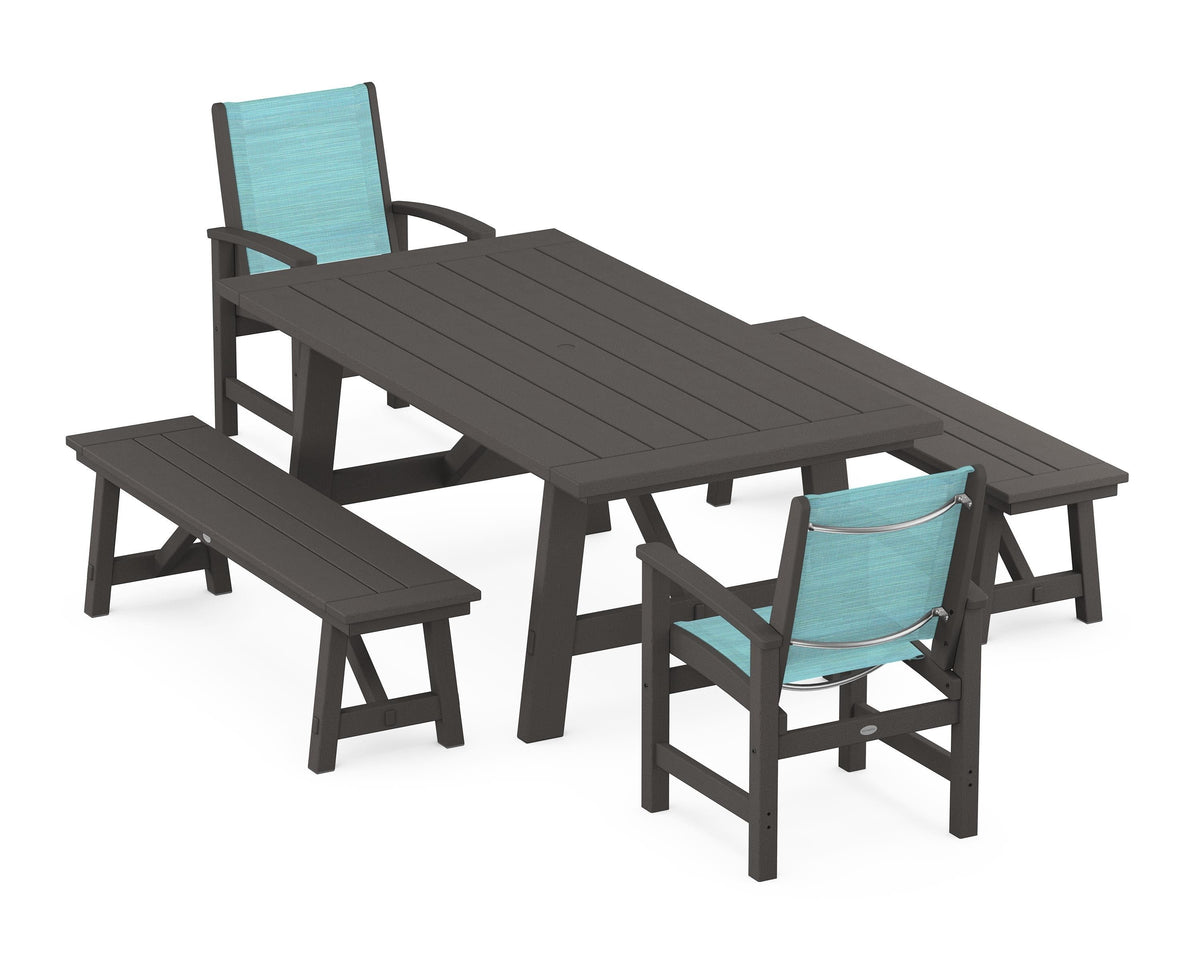 POLYWOOD Coastal 5-Piece Rustic Farmhouse Dining Set With Benches in Vintage Coffee / Dupioni Aquamarine