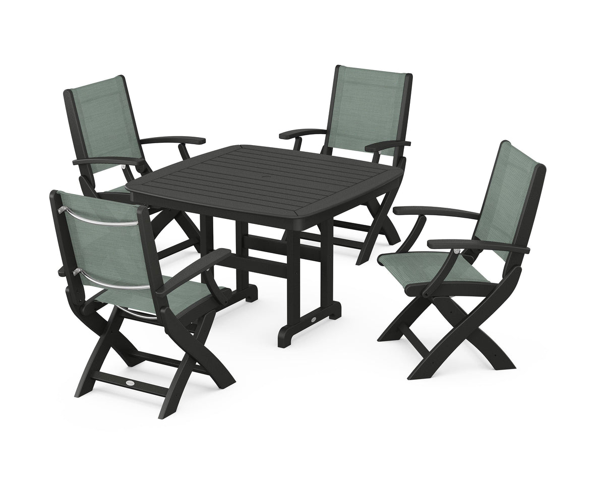 POLYWOOD Coastal Folding Chair 5-Piece Dining Set with Nautical 44" Dining Table in Black / Dupioni Sea Mist