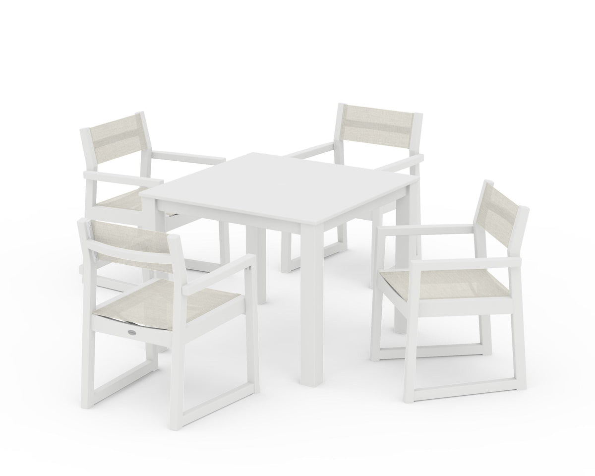POLYWOOD EDGE Sling Arm Chair 5-Piece Parsons Dining Set in White / Parchment