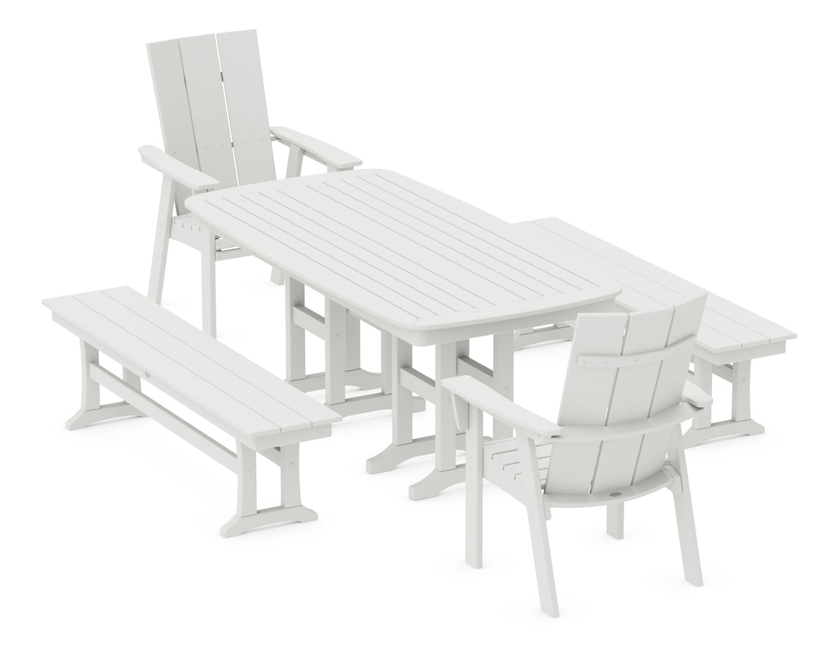 POLYWOOD Modern Curveback Adirondack 5-Piece Dining Set with Benches - 37" x 72" Table in Vintage White