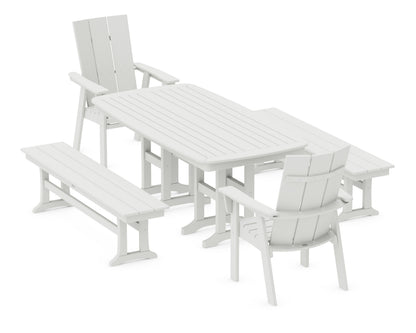 POLYWOOD Modern Curveback Adirondack 5-Piece Dining Set with Benches - 37" x 72" Table in Vintage White