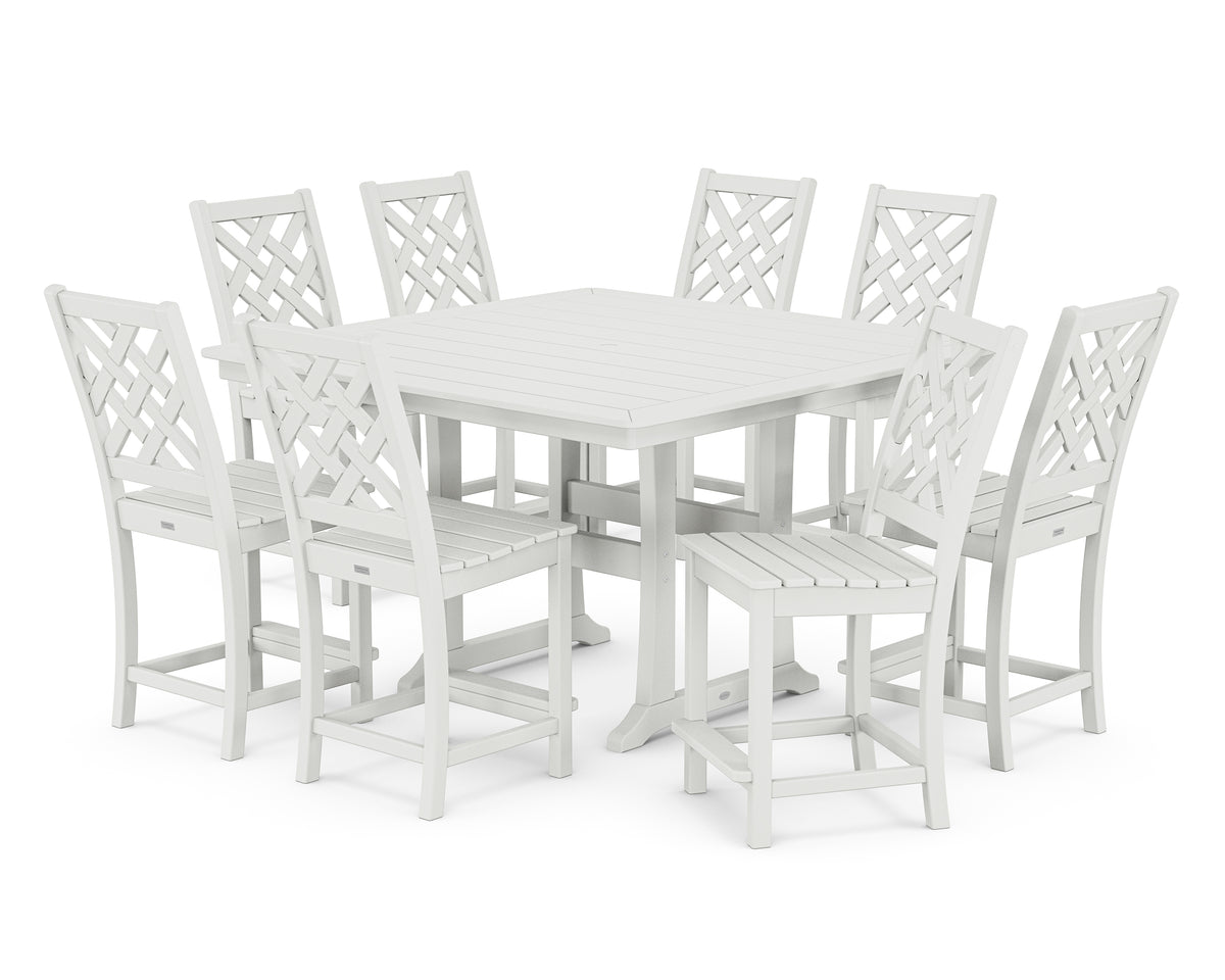 POLYWOOD Country Living Wovendale Side Chair 9-Piece Square Counter Set with Trestle Legs in White