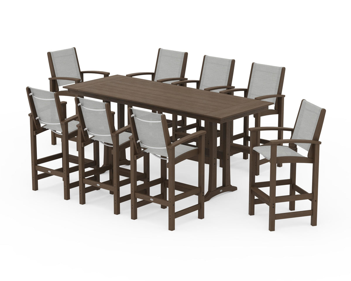 POLYWOOD Coastal 9-Piece Farmhouse Bar Set with Trestle Legs in Kona / Metallic
