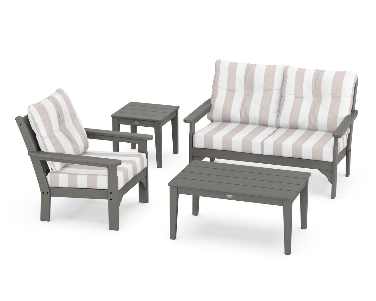 POLYWOOD Vineyard 4-Piece Deep Seating Set with 36" Coffee Table in Slate Grey / Cabana Stripe Dune Burlap