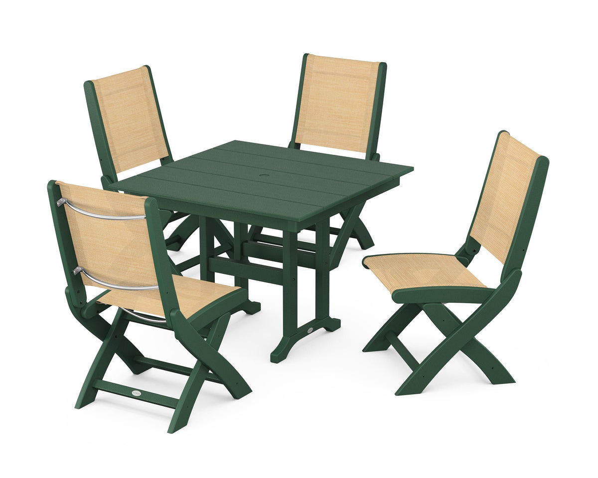 POLYWOOD Coastal Folding Side Chair 5-Piece Farmhouse Dining Set in Green / Dupioni Apricot