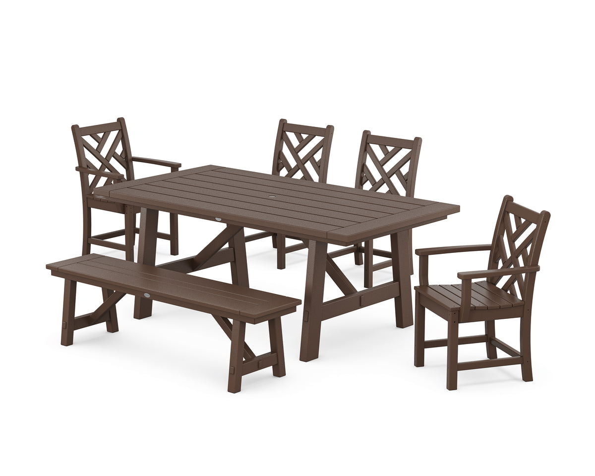 POLYWOOD Chippendale 6-Piece Rustic Farmhouse Dining Set with Bench in Mahogany