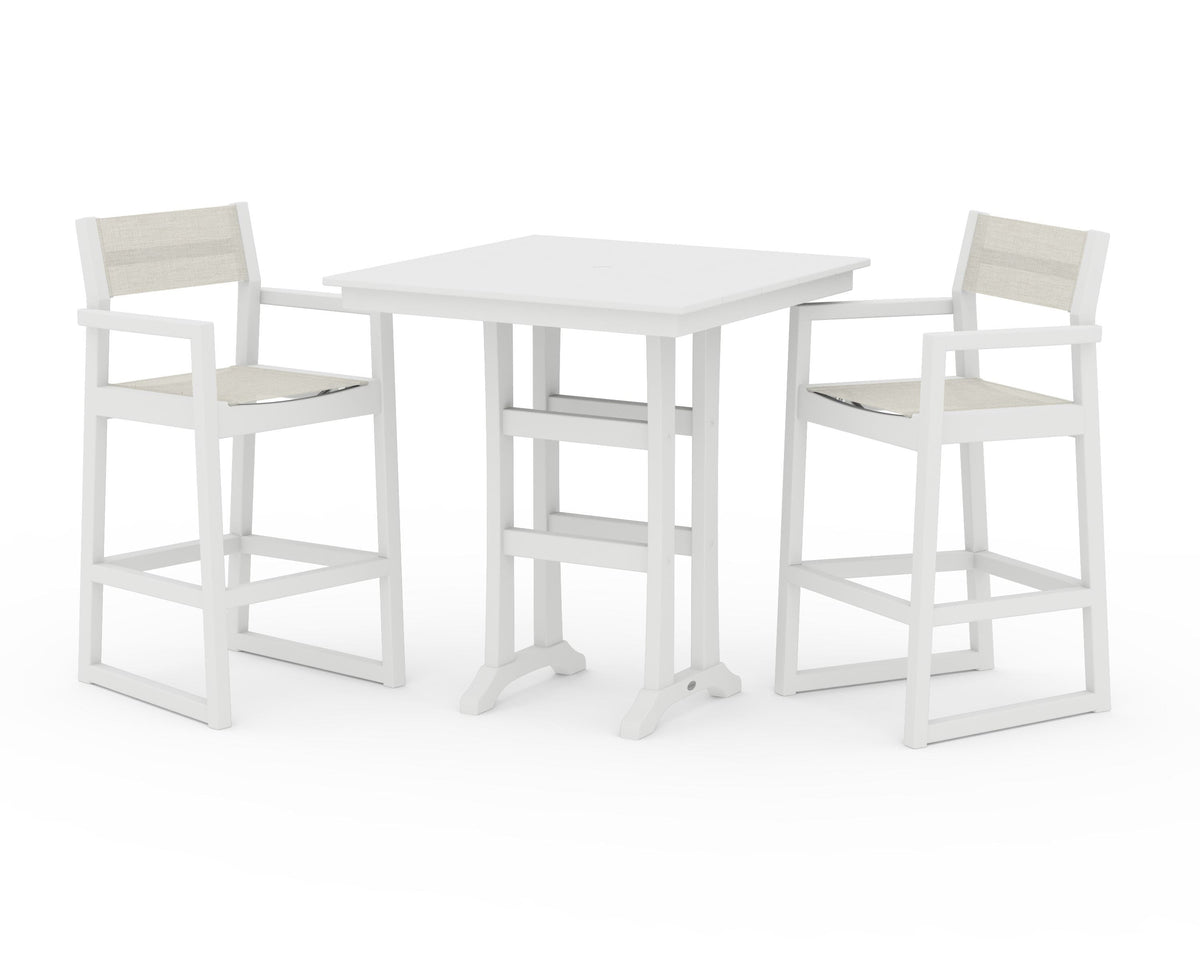 POLYWOOD EDGE Sling Arm Chair 3-Piece Farmhouse Bar Set with Trestle Legs in White / Parchment