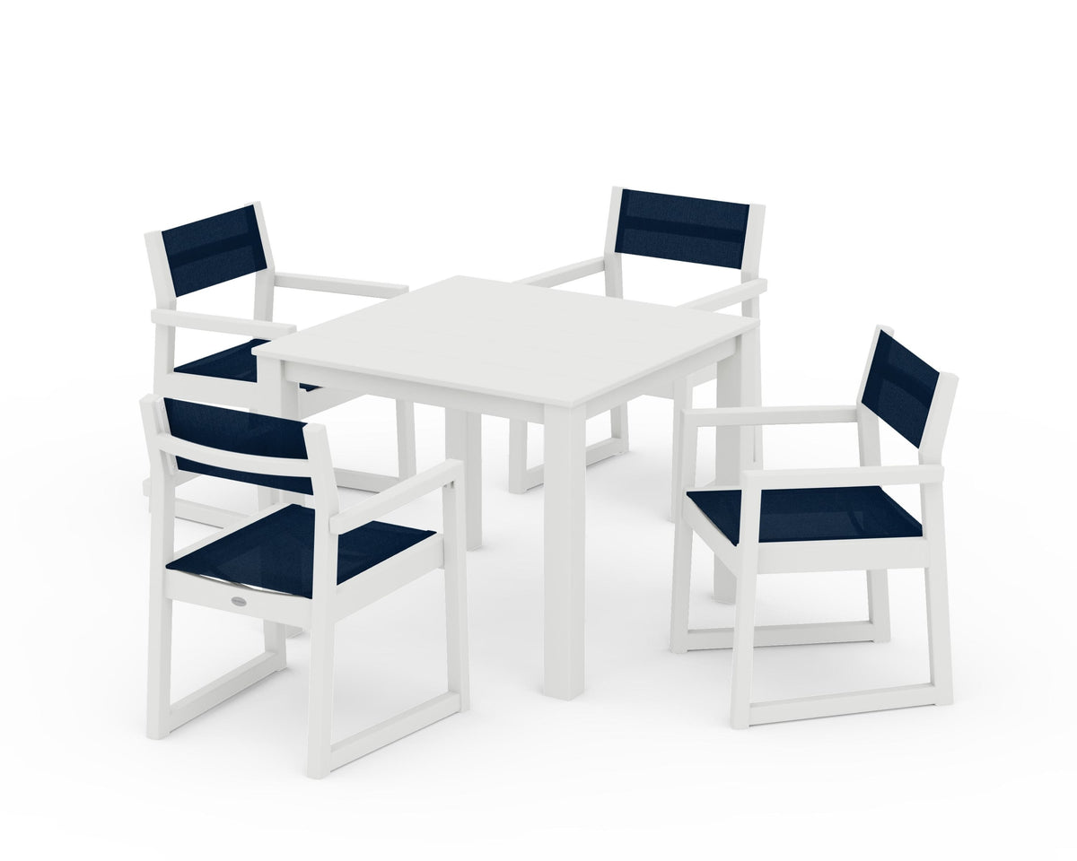 POLYWOOD EDGE Sling Arm Chair 5-Piece Parsons Dining Set in Vintage White / Navy Blue