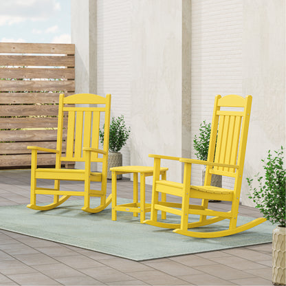 Lifestyle photo of the POLYWOOD Presidential 3-Piece Rocking Chair Set with 18" South Beach Side Table in Lemon