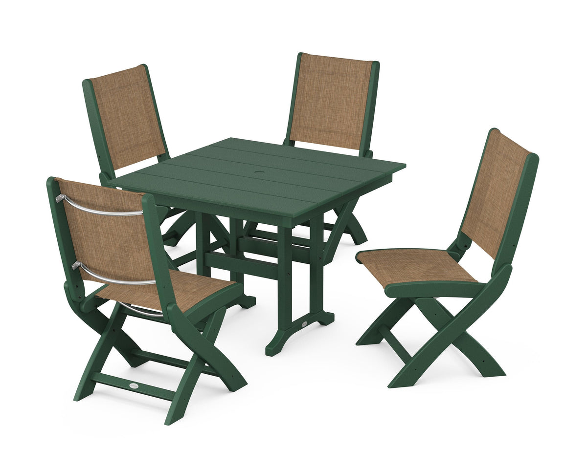 POLYWOOD Coastal Folding Side Chair 5-Piece Farmhouse Dining Set in Green / Burlap