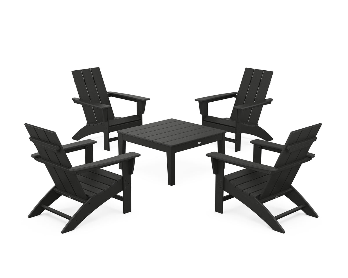 POLYWOOD 5-Piece Modern Adirondack Chair Conversation Set with 36" Conversation Table in Black