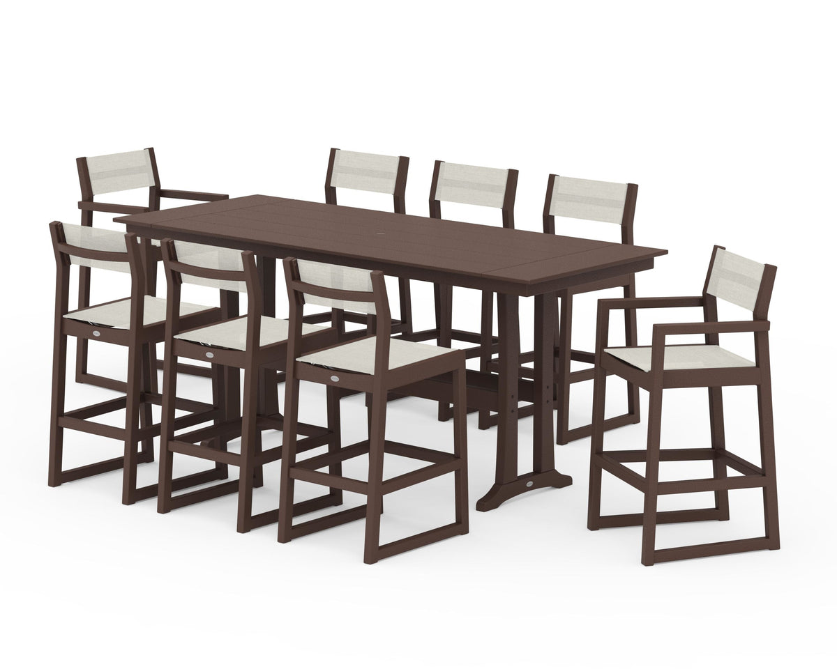 POLYWOOD EDGE Sling 9-Piece Farmhouse Bar Set with Trestle Legs in Mahogany / Parchment