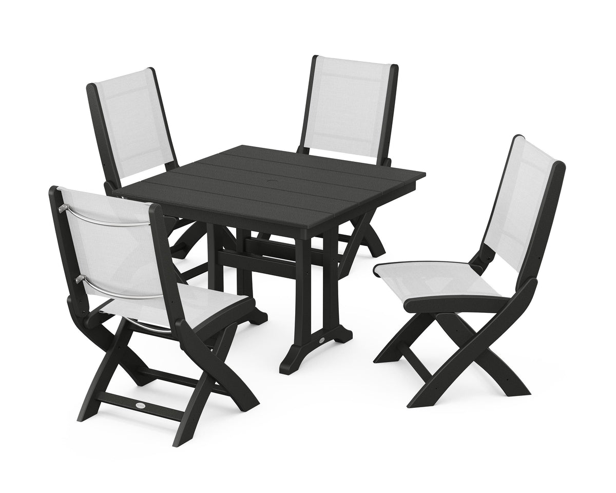 POLYWOOD Coastal Folding Side Chair 5-Piece Farmhouse Dining Set With Trestle Legs in Black / White