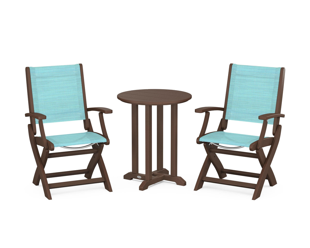POLYWOOD Coastal Folding 3-Piece Round Bistro Dining Set in Mahogany / Dupioni Aquamarine
