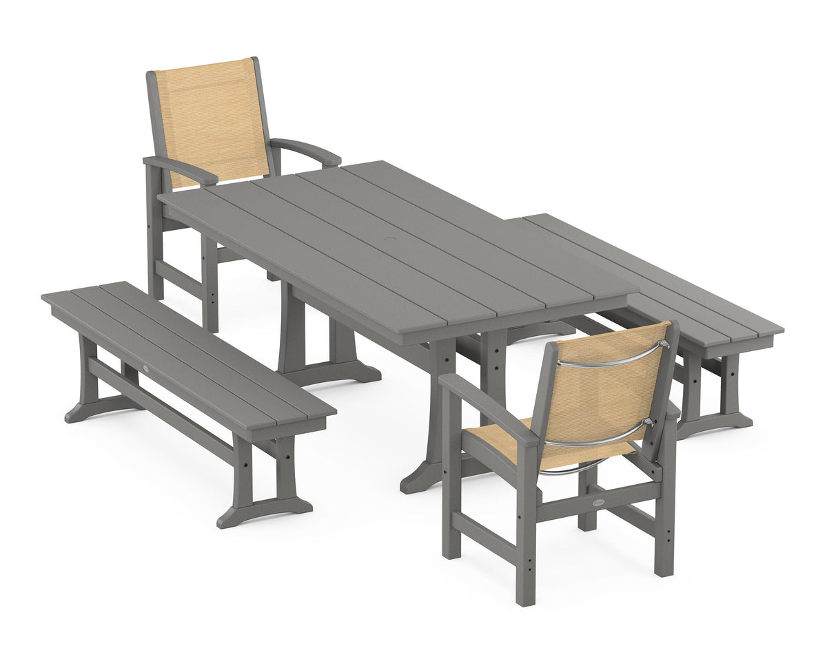 POLYWOOD Coastal 5-Piece Farmhouse Dining Set with Trestle Legs and Benches in Slate Grey / Dupioni Apricot