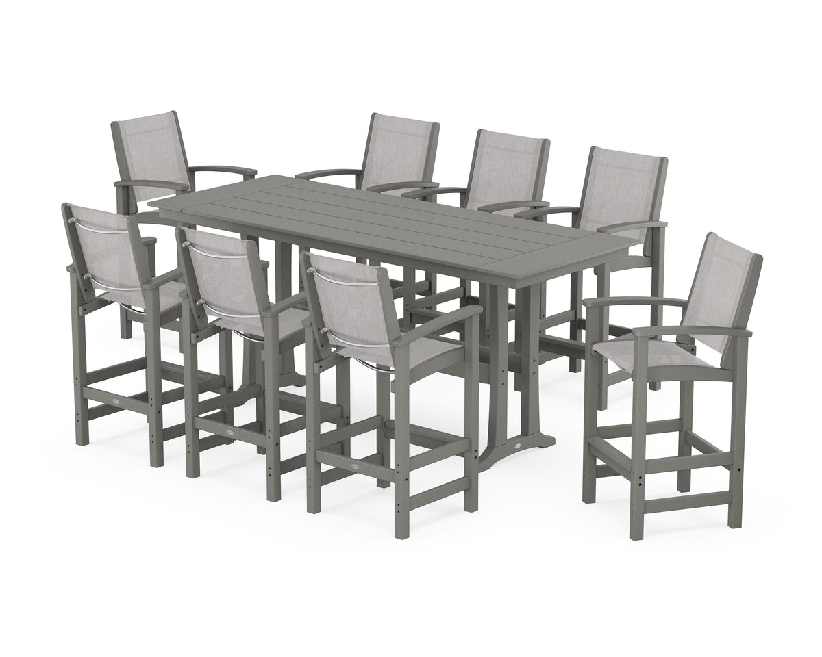 POLYWOOD Coastal 9-Piece Farmhouse Bar Set with Trestle Legs in Slate Grey / Parchment