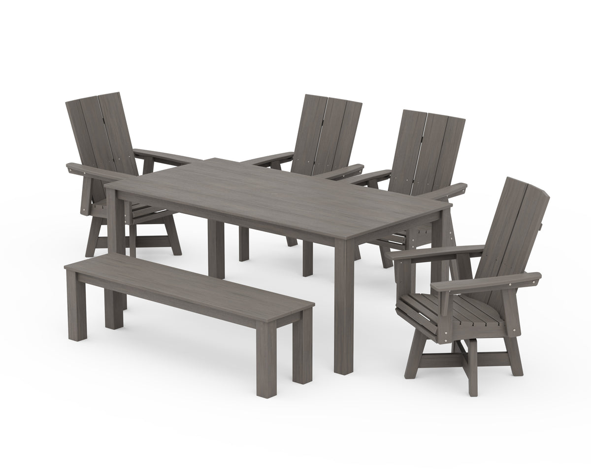 POLYWOOD Modern Curveback Adirondack 6-Piece Parsons Swivel Dining Set with Bench in Driftwood