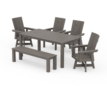 POLYWOOD Modern Curveback Adirondack 6-Piece Parsons Swivel Dining Set with Bench in Driftwood