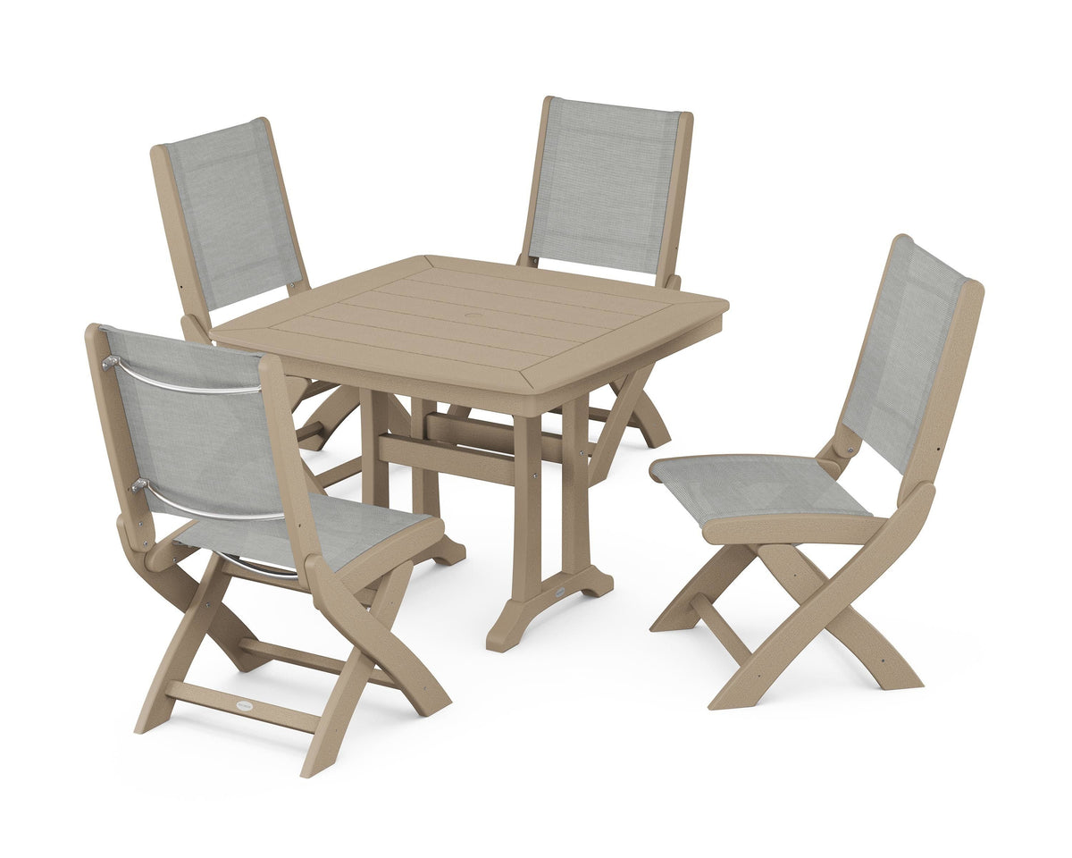 POLYWOOD Coastal Folding Side Chair 5-Piece Dining Set with Trestle Legs in Vintage Sahara / Metallic