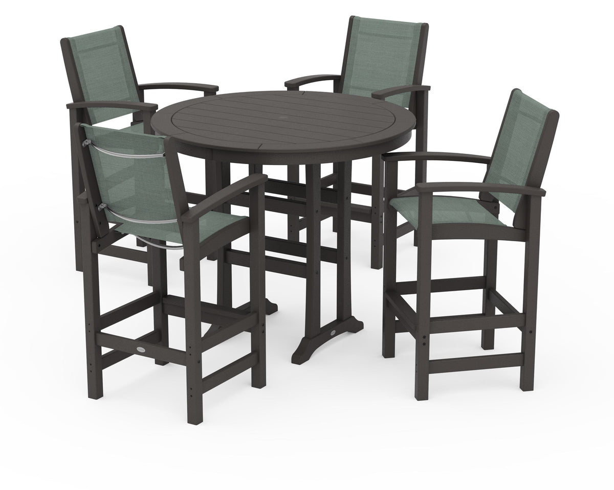 POLYWOOD Coastal 5-Piece Nautical Trestle Bar Set in Vintage Coffee / Dupioni Sea Mist