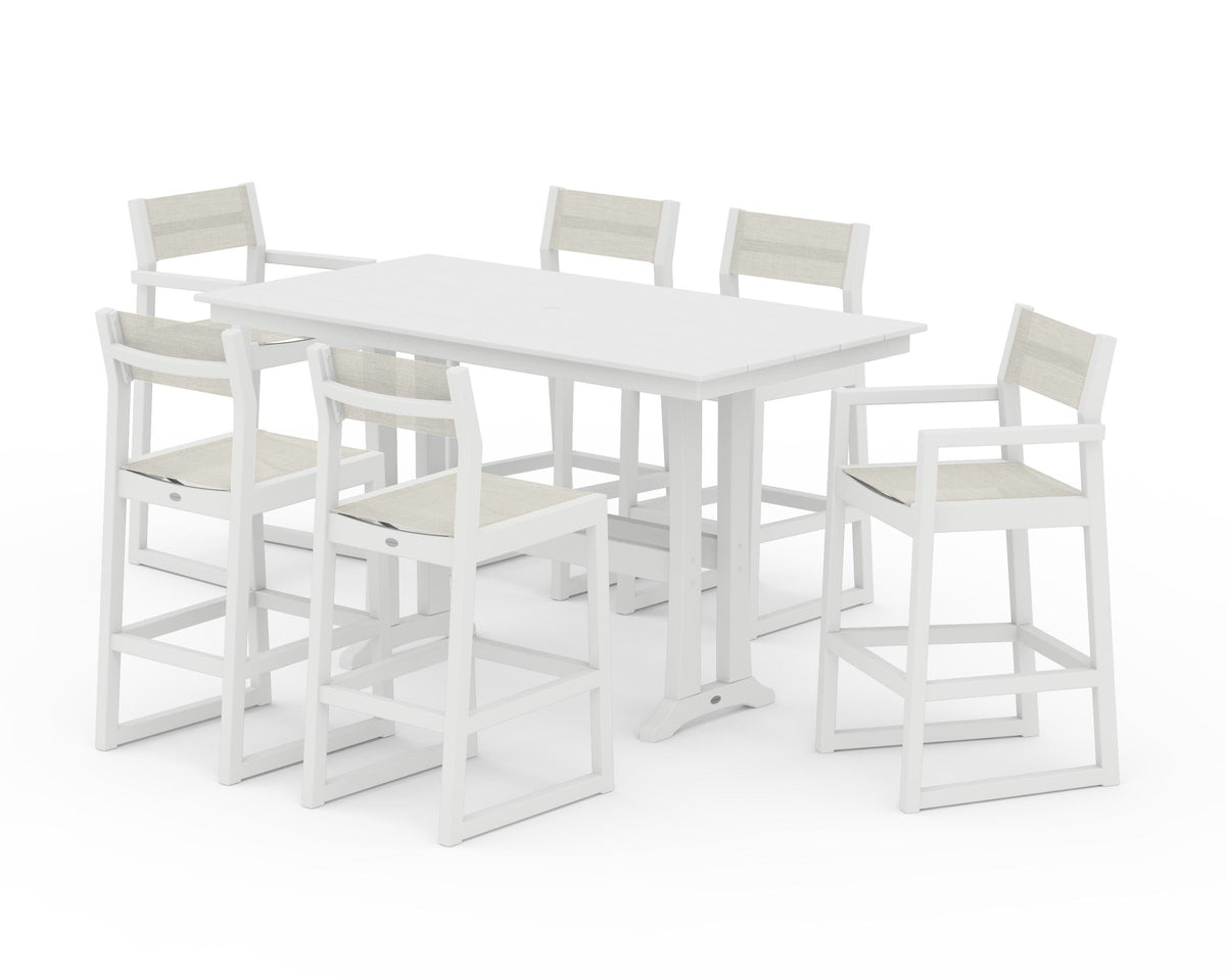 POLYWOOD EDGE Sling 7-Piece Farmhouse Bar Set with Trestle Legs in White / Parchment