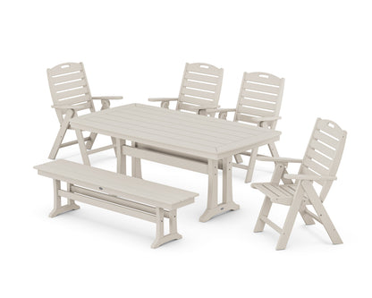 POLYWOOD Nautical Highback 6-Piece Dining Set with Trestle Legs and Bench in Sand
