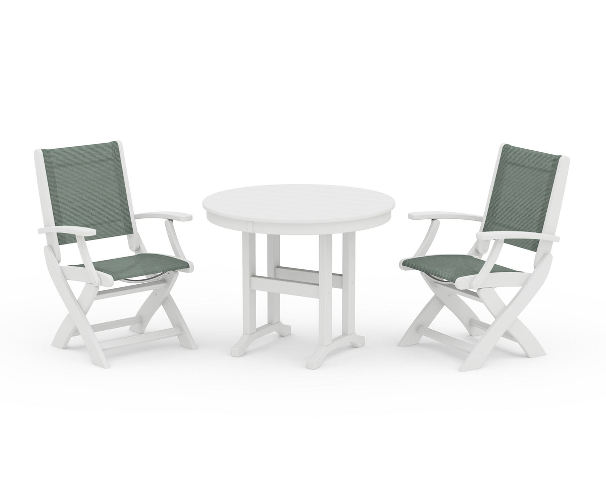 POLYWOOD Coastal Folding Chair 3-Piece Round Dining Set in White / Dupioni Sea Mist