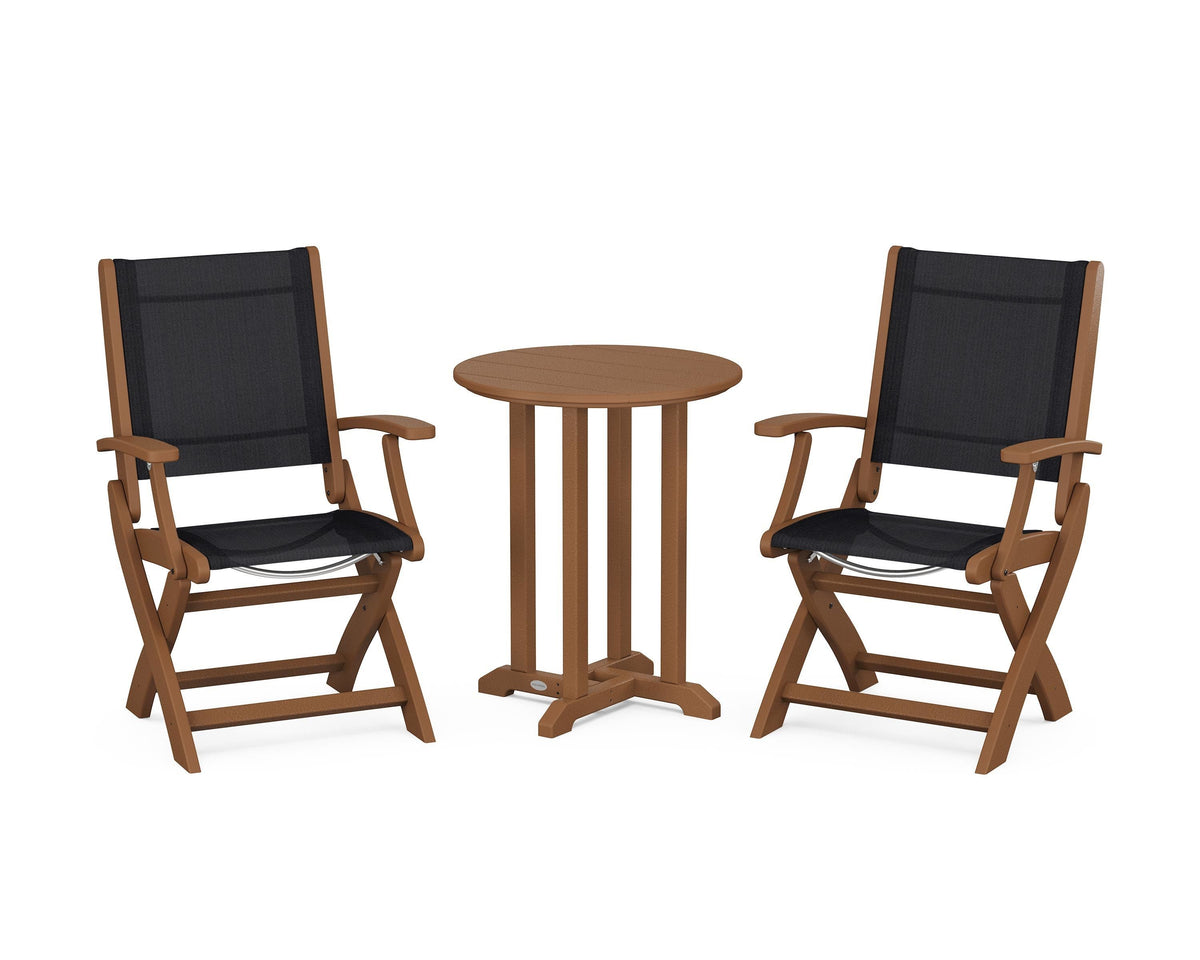POLYWOOD Coastal Folding 3-Piece Round Bistro Dining Set in Teak / Black