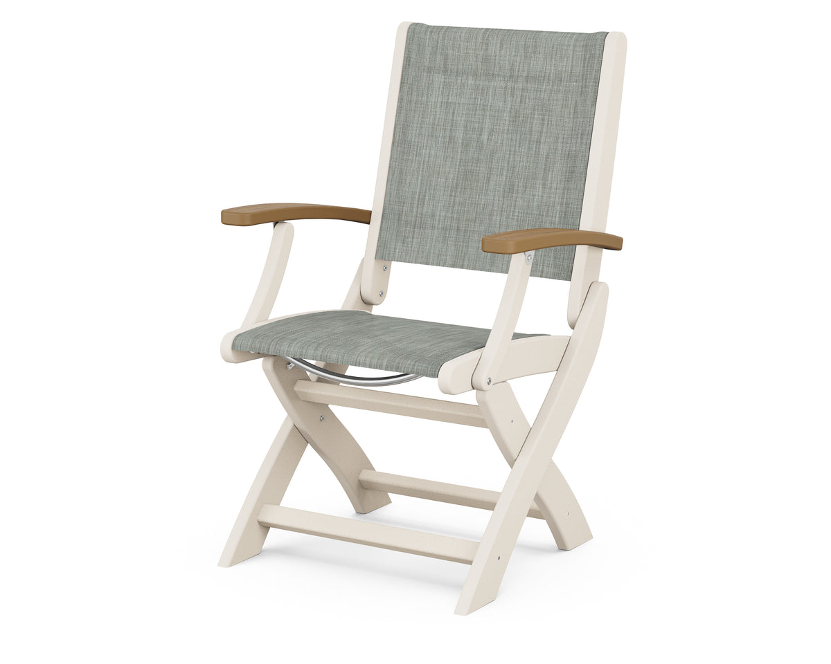 POLYWOOD Coastal Folding Chair in Sand with Natural arms and Birch sling