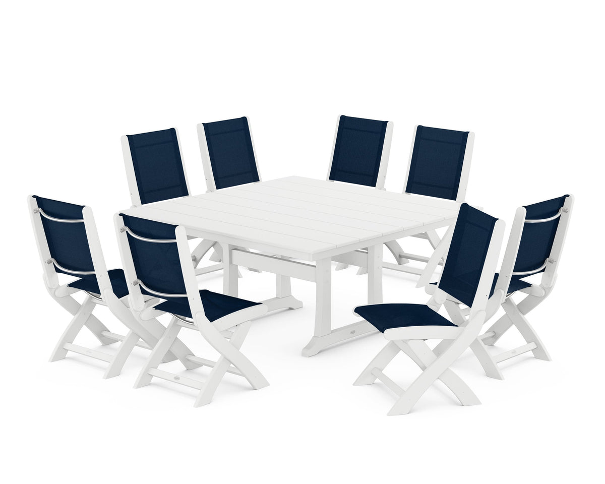 POLYWOOD Coastal Folding Side Chair 9-Piece Farmhouse Dining Set in White / Navy Blue
