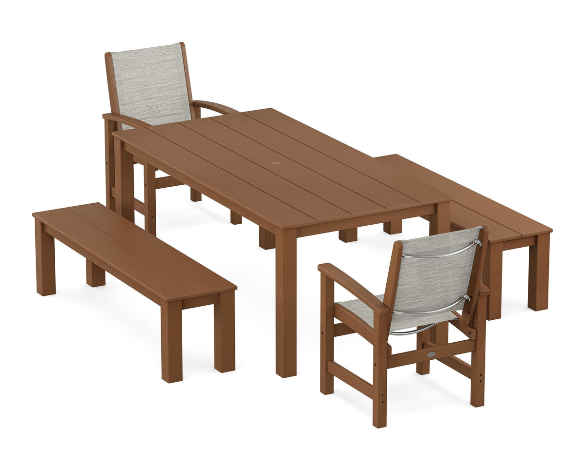 POLYWOOD Coastal 5-Piece Parsons Dining Set with Benches in Teak / Birch