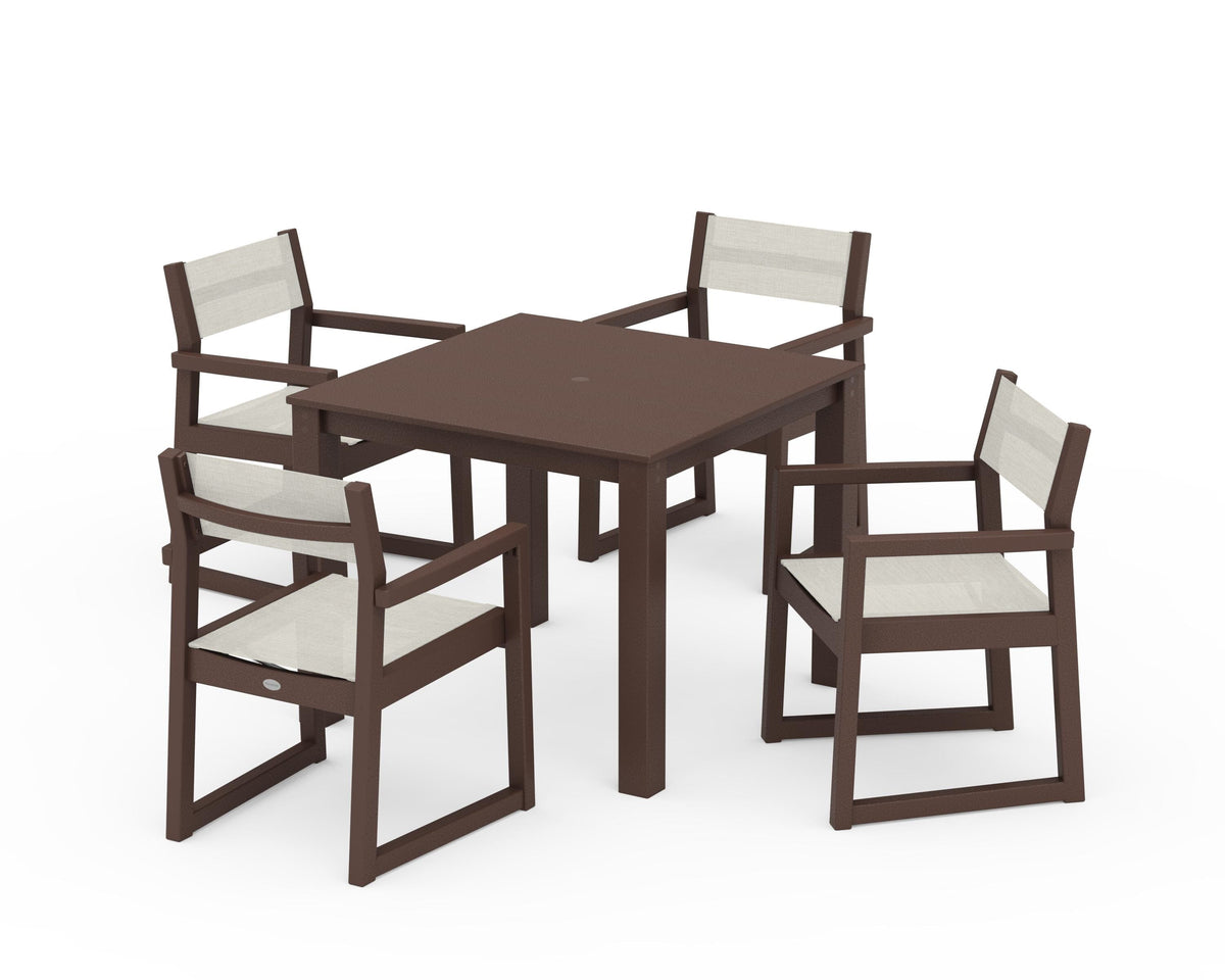 POLYWOOD EDGE Sling Arm Chair 5-Piece Parsons Dining Set in Mahogany / Parchment