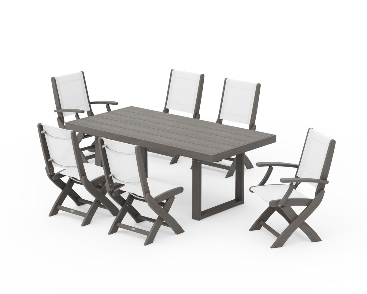 POLYWOOD Coastal Folding Chair 7-Piece Dining Set with Trestle Legs with EDGE 40" x 78" Dining Table in Driftwood / White