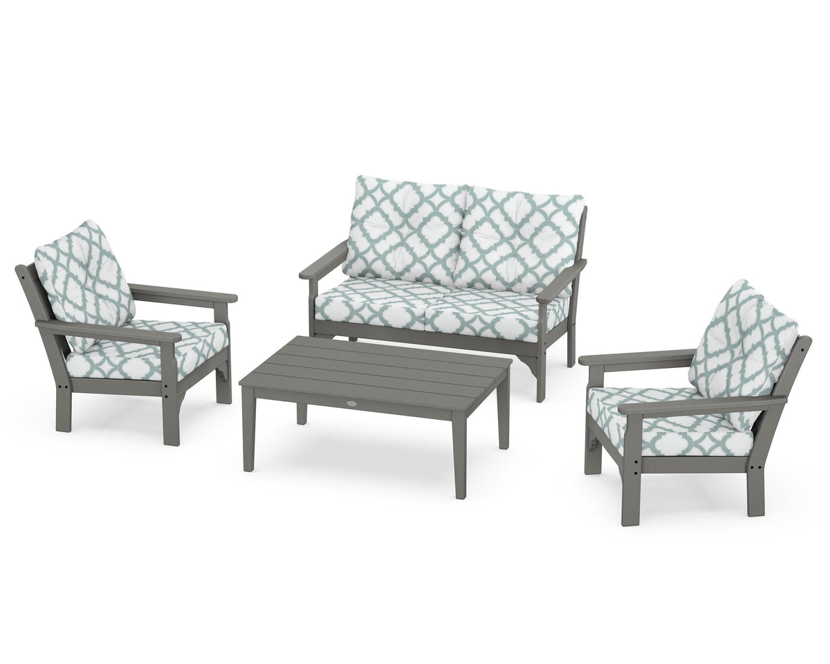 POLYWOOD Vineyard 4-Piece Deep Seating Set with Two Chairs and Loveseat in Slate Grey / Trellis Glacier Spa
