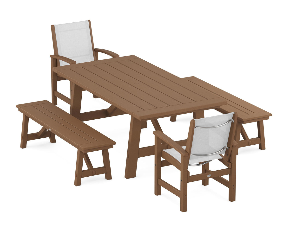 POLYWOOD Coastal 5-Piece Rustic Farmhouse Dining Set With Benches in Teak / White