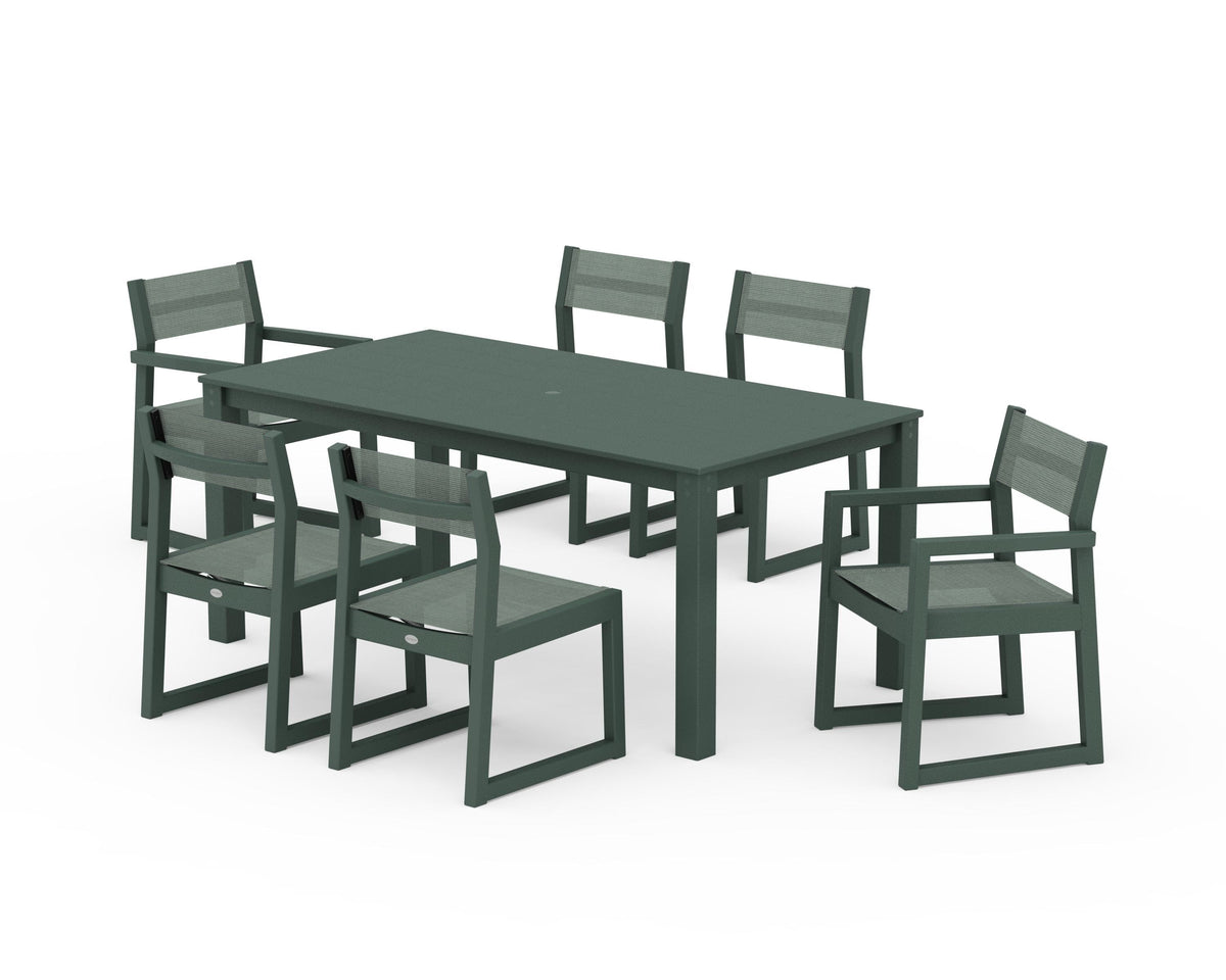 POLYWOOD EDGE Sling 7-Piece Parsons Dining Set in Green / Dupioni Sea Mist