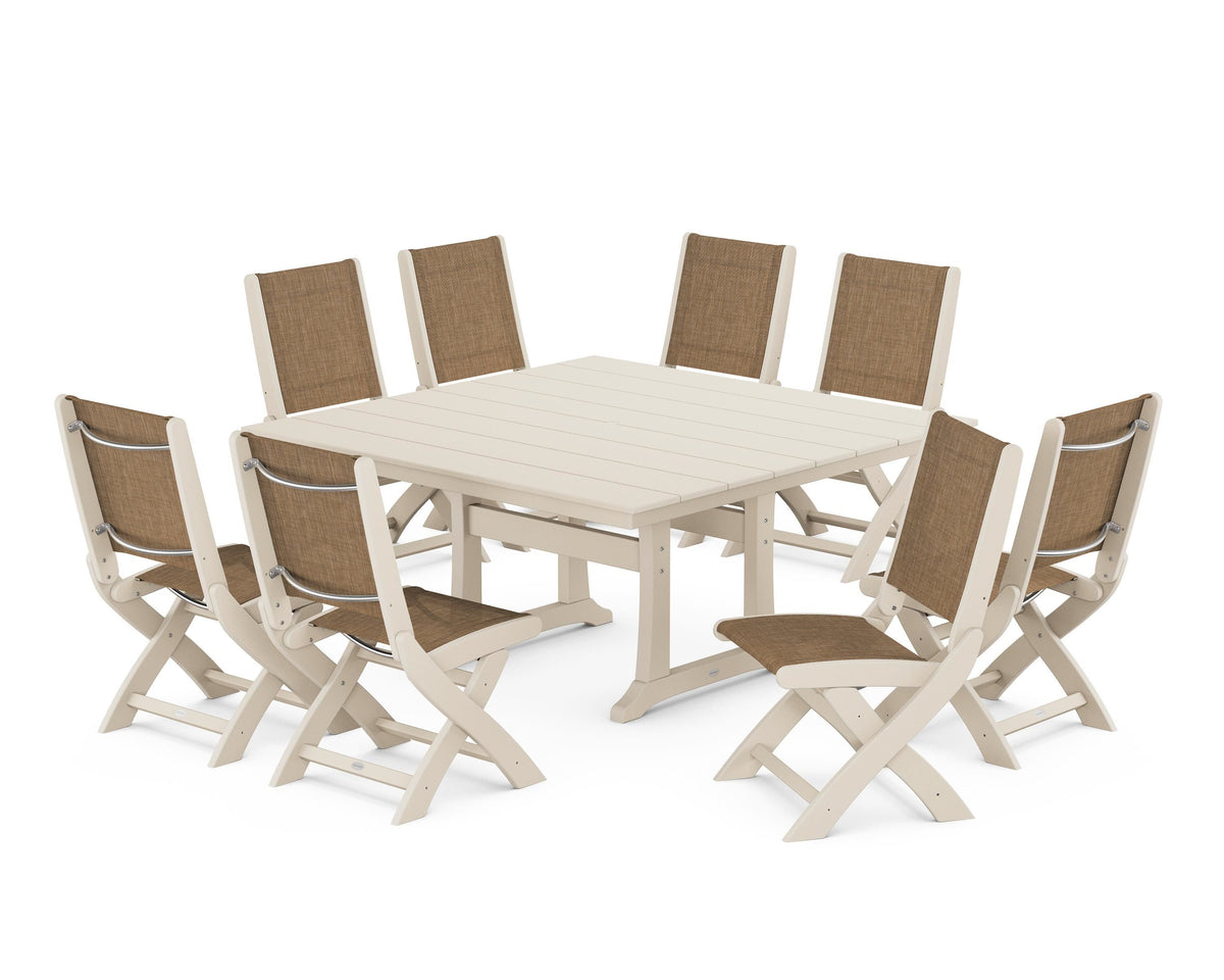 POLYWOOD Coastal Folding Side Chair 9-Piece Farmhouse Dining Set in Sand / Burlap