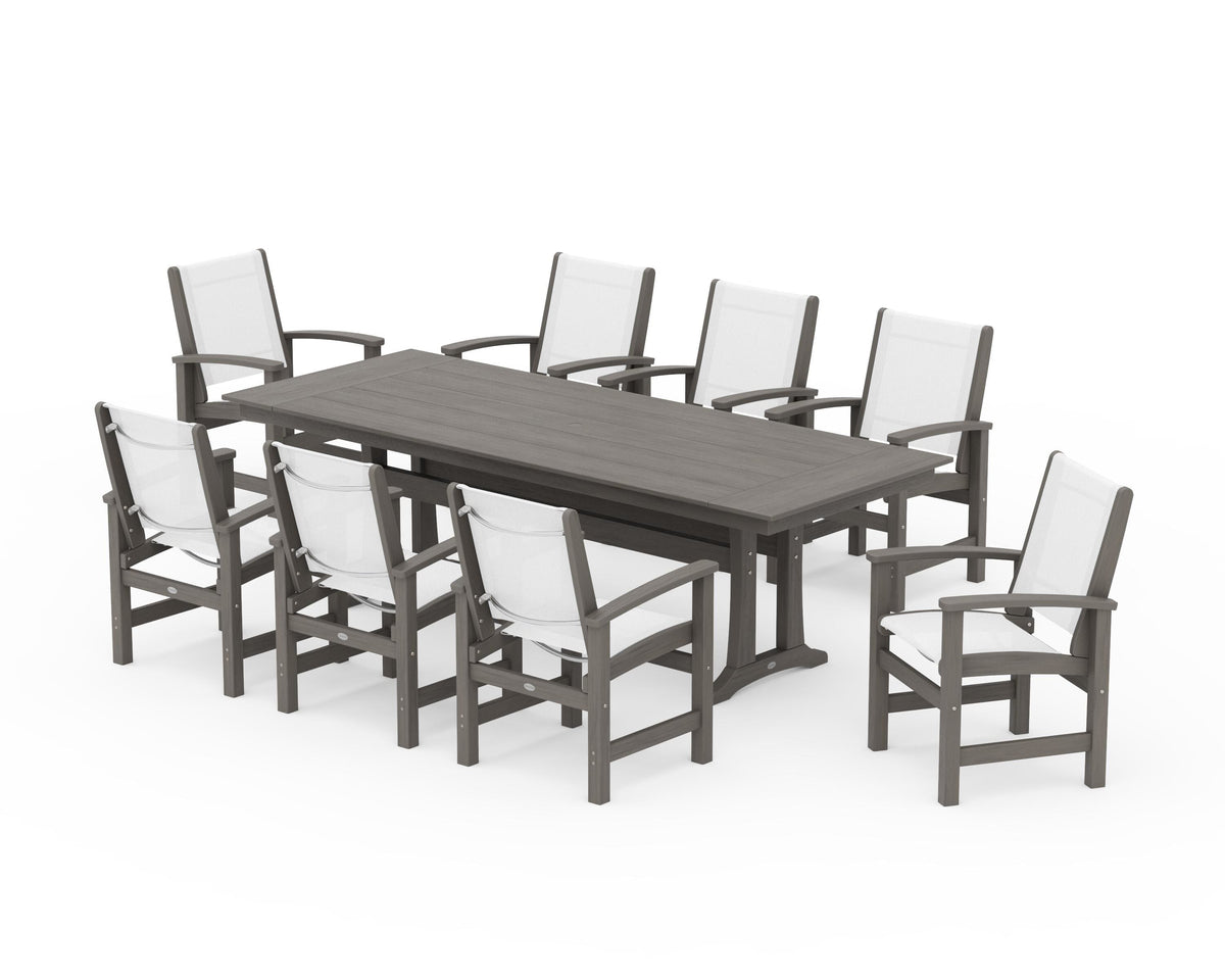 POLYWOOD Coastal 9-Piece Farmhouse Dining Set with Trestle Legs in Driftwood / White