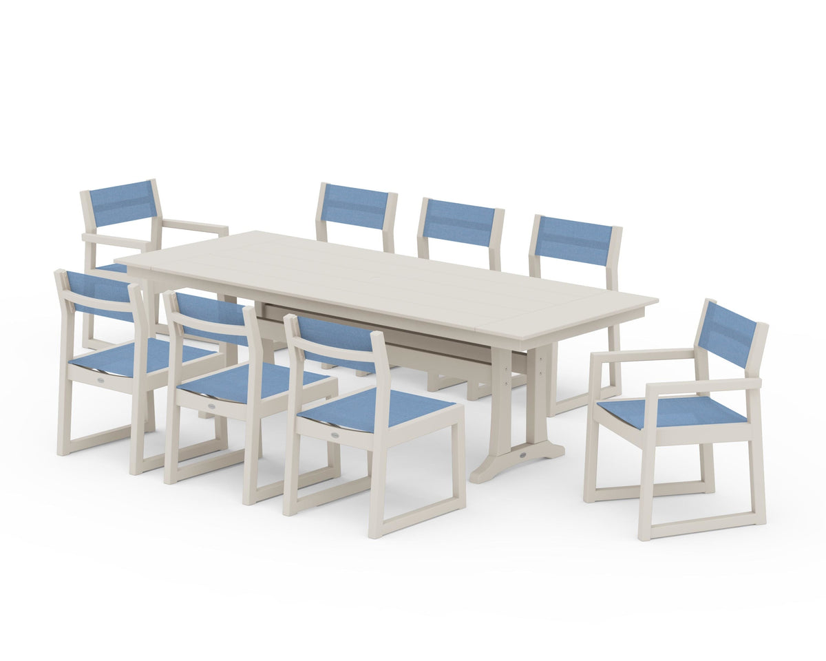 POLYWOOD EDGE Sling 9-Piece Farmhouse Trestle Dining Set in Sand / Poolside
