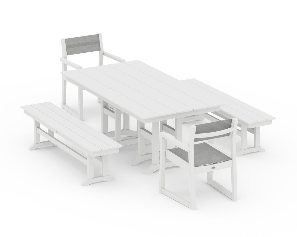 POLYWOOD EDGE Sling Arm Chair 5-Piece Farmhouse Dining Set with Benches in White / Metallic