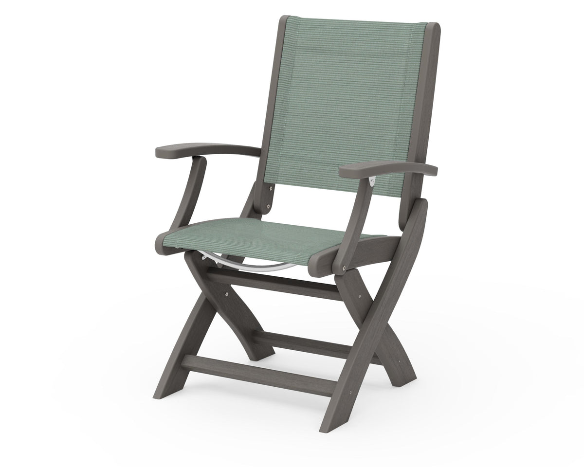 POLYWOOD Coastal Folding Chair in Driftwood with Driftwood arms and Dupioni Sea Mist sling