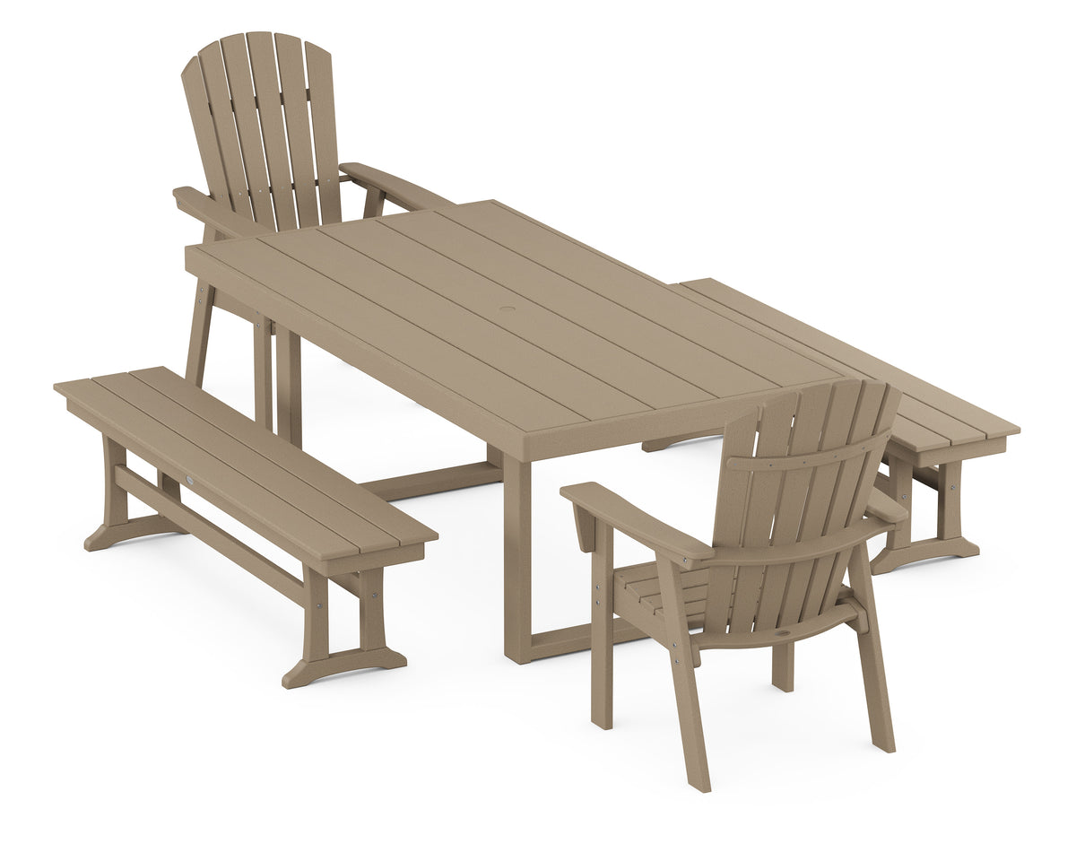 POLYWOOD Nautical Curveback Adirondack 5-Piece Dining Set with Benches - 39" x 78" Table in Vintage Sahara