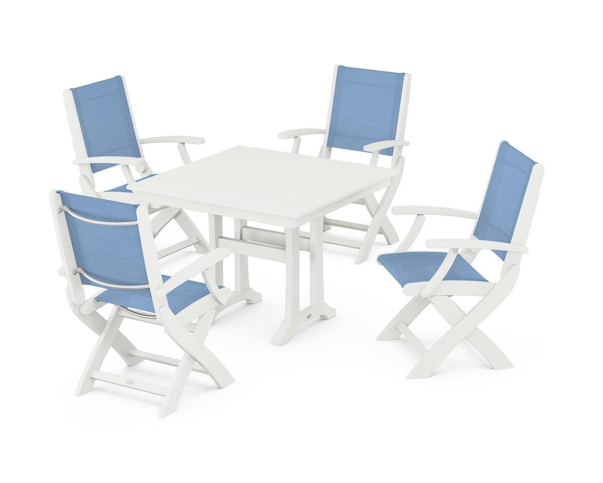 POLYWOOD Coastal Folding Chair 5-Piece Farmhouse Dining Set With Trestle Legs in Vintage White / Poolside