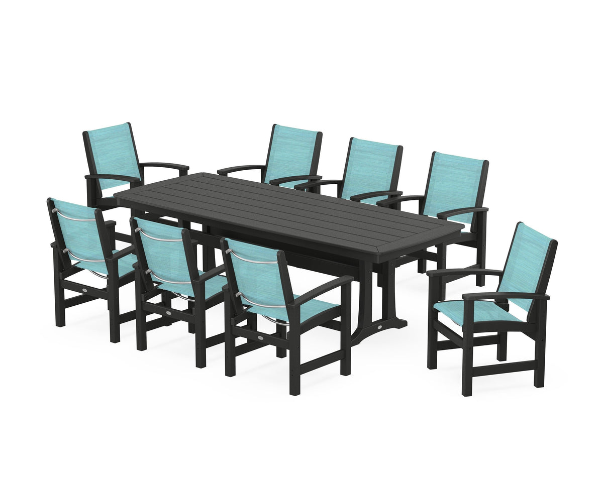 POLYWOOD Coastal 9-Piece Dining Set with Trestle Legs in Black / Dupioni Aquamarine