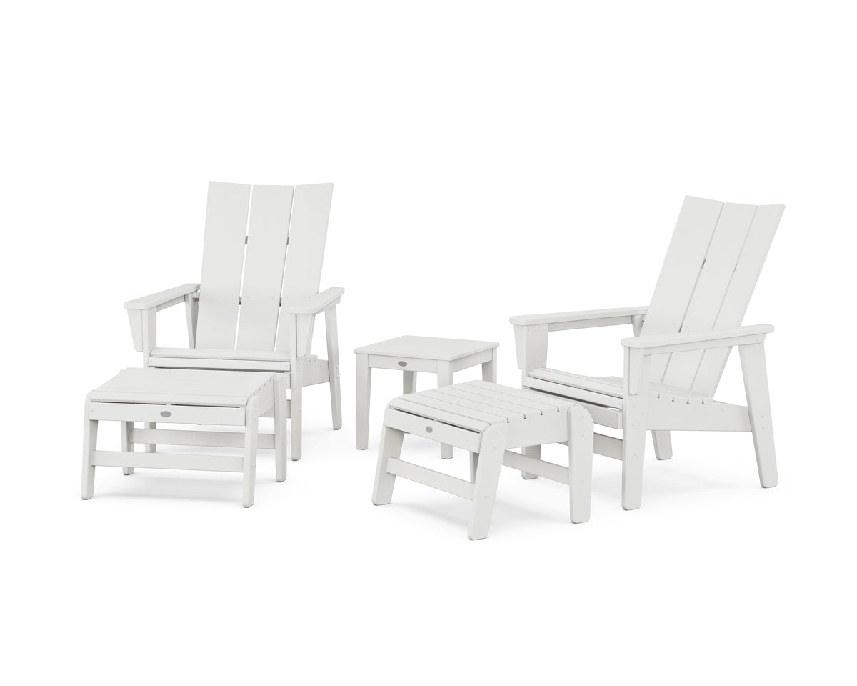 POLYWOOD 5-Piece Modern Grand Upright Adirondack Set with Ottomans and Side Table in Vintage White