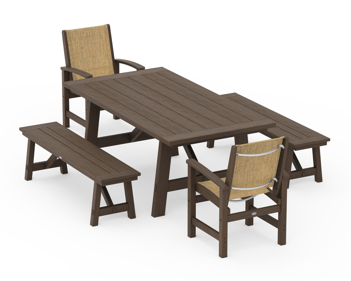 POLYWOOD Coastal 5-Piece Rustic Farmhouse Dining Set With Benches in Kona / Burlap