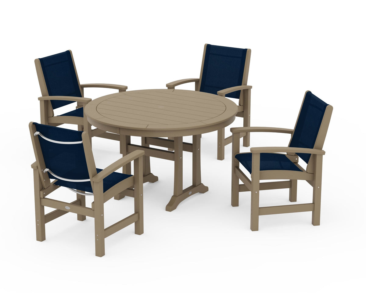 POLYWOOD Coastal 5-Piece Round Dining Set with Trestle Legs in Vintage Sahara / Navy Blue